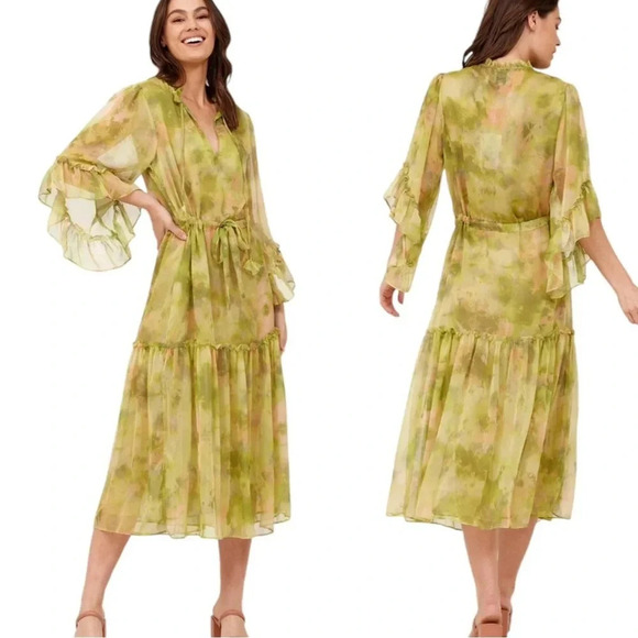 MISA Marcele Chartreuse Abstract Ruffle Midi Dress Size XS NWT - Picture 10 of 10